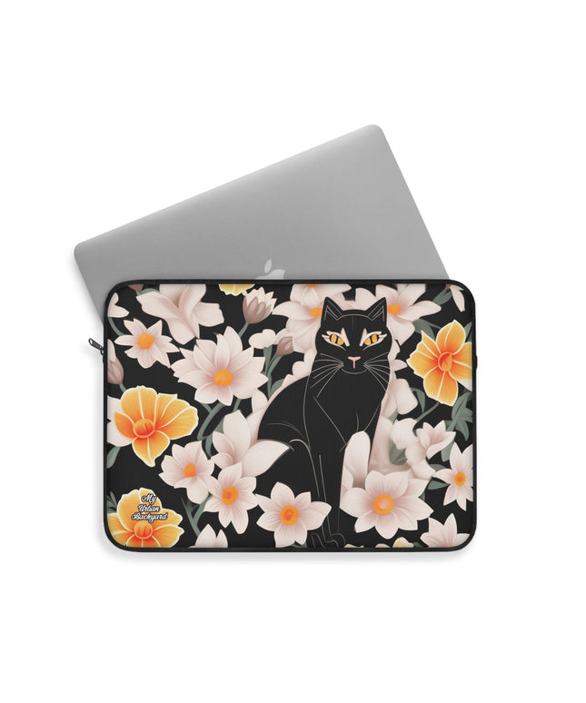 Black Cat with Flowers, Laptop Carrying Case, Top Loading Sleeve for School or Work