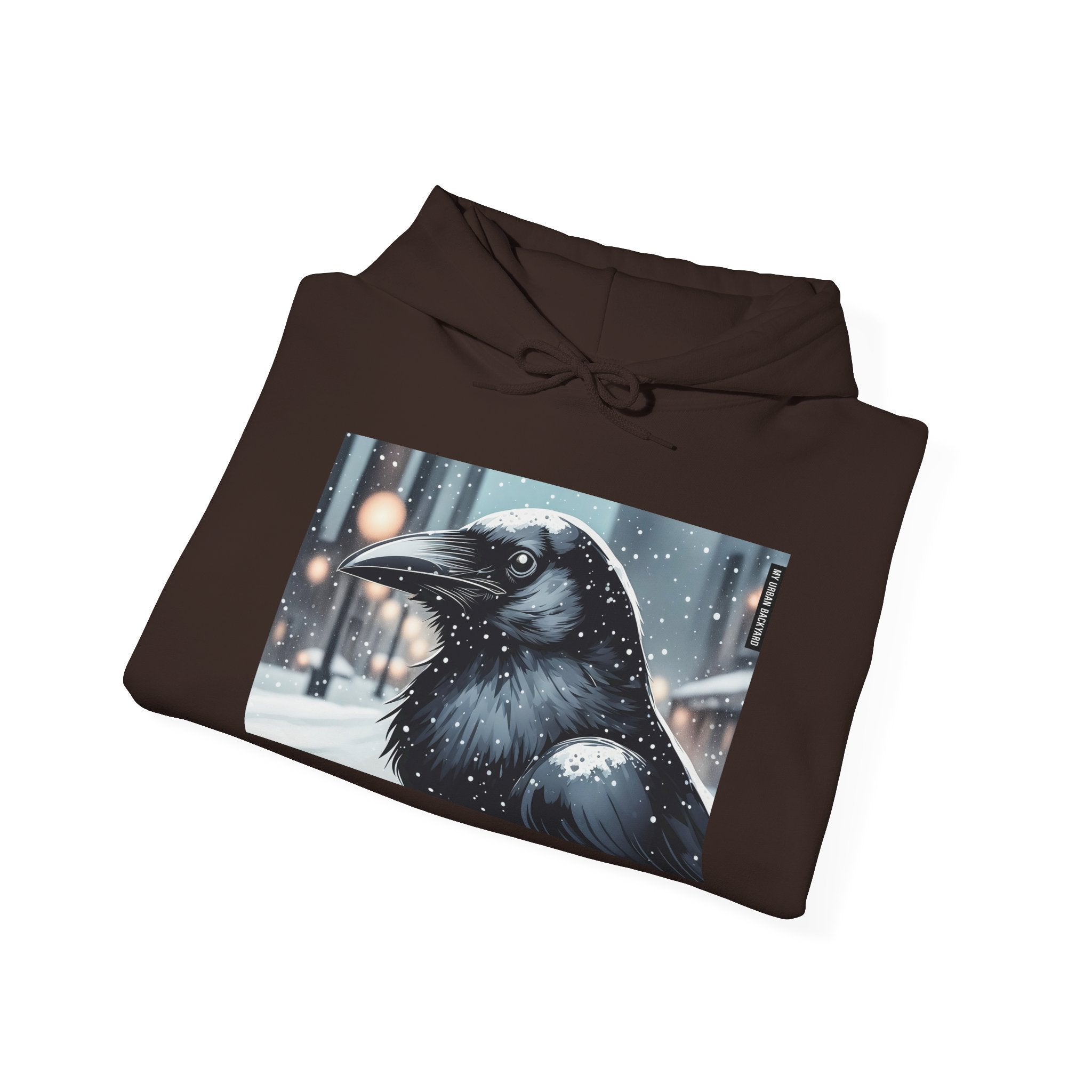Urban Crow In Falling Snow Hoodie — Comfy Winter Graphic Hoodie
