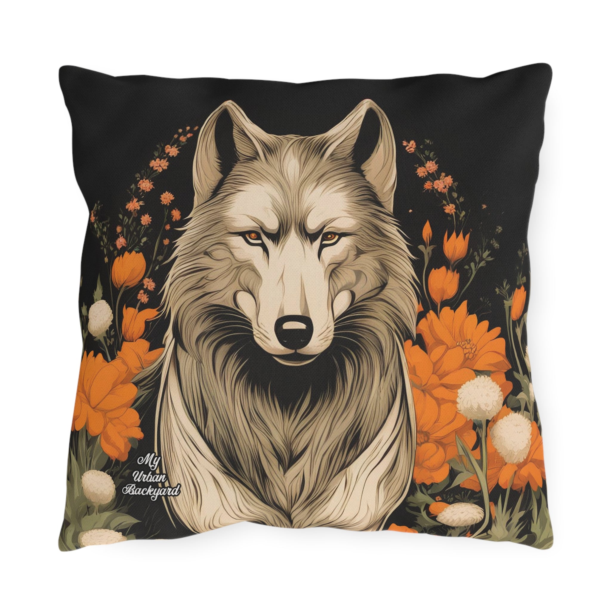 Wolf with Flowers, Taupe accent color, Throw Pillow