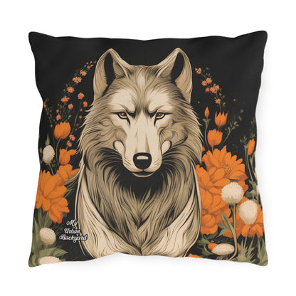 Wolf with Flowers, Taupe accent color, Indoor/Outdoor Throw Pillow Decor for Patio or Office