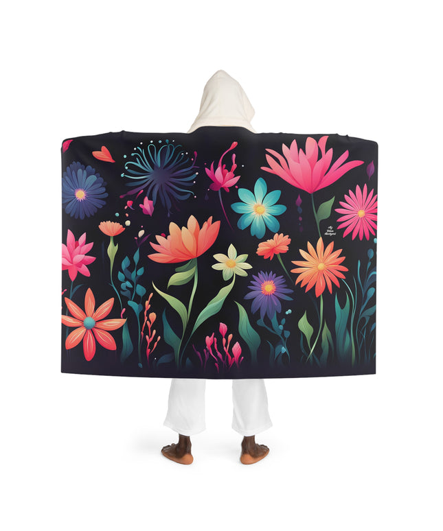 Night Blooming Flowers on Black, Cozy Hooded Sherpa Fleece Blanket