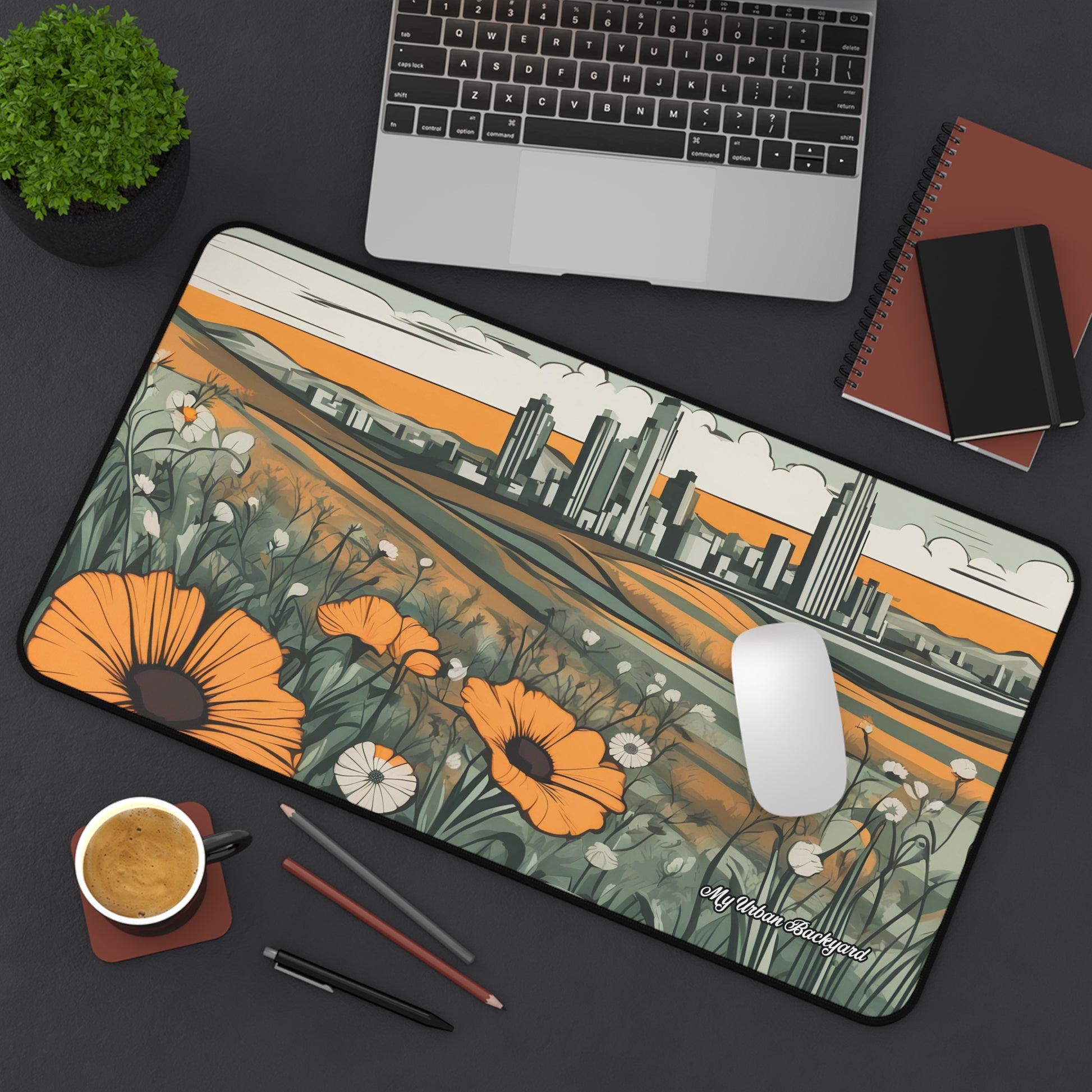 Cityscape Floral Desk Mat | Desktop Protector, Home Office Decor, Gift for Nature Lovers, Stylish Mousepad
