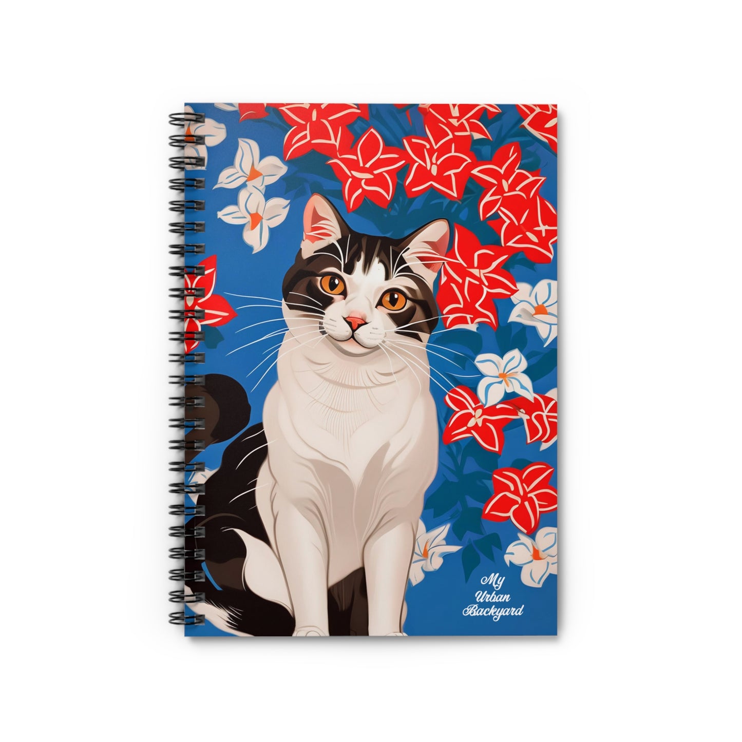 Cat with Red and White Flowers, Spiral Notebook Journal - Write in Style