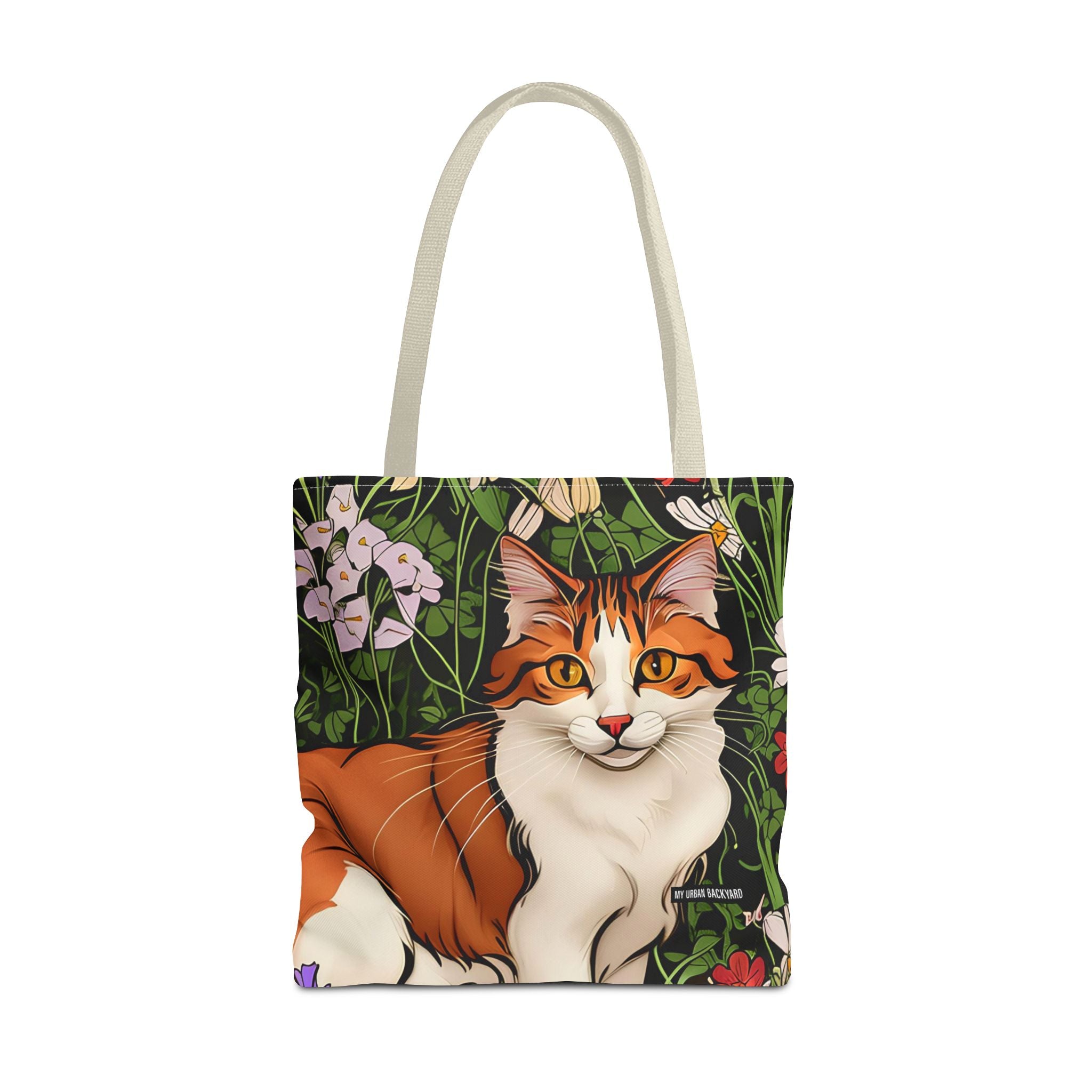 Orange Cat with Flowers, Tote Bag w Cotton Handles