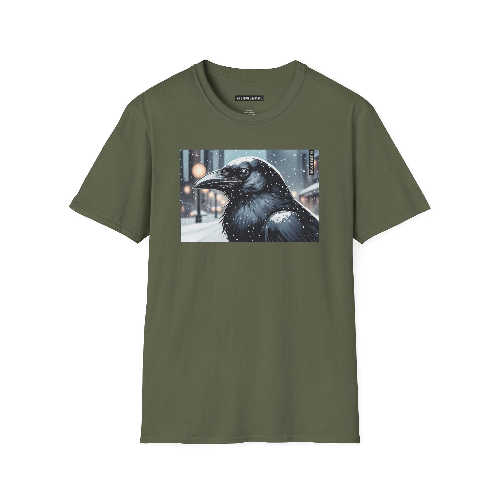 Urban Crow In Falling Snow T-Shirt — Winter Crow Graphic Tee