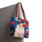 Cat with Red and White Flowers, Tote Bag with Cotton Handles For Everyday Use, 3 Sizes