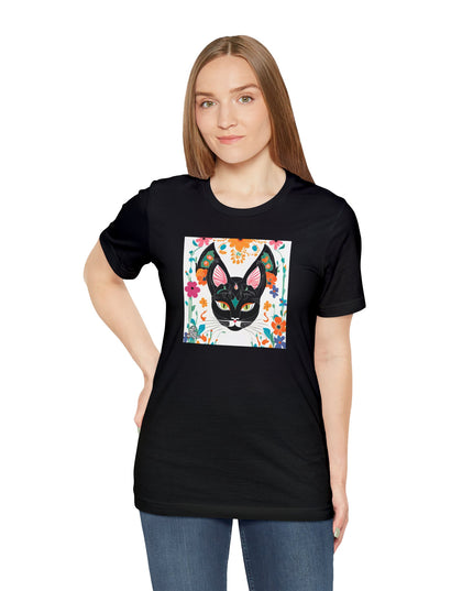 Black Cat w Green Eyes & Flowers, Soft 100% Jersey Cotton T-Shirt, Unisex, Short Sleeve, Retail Fit