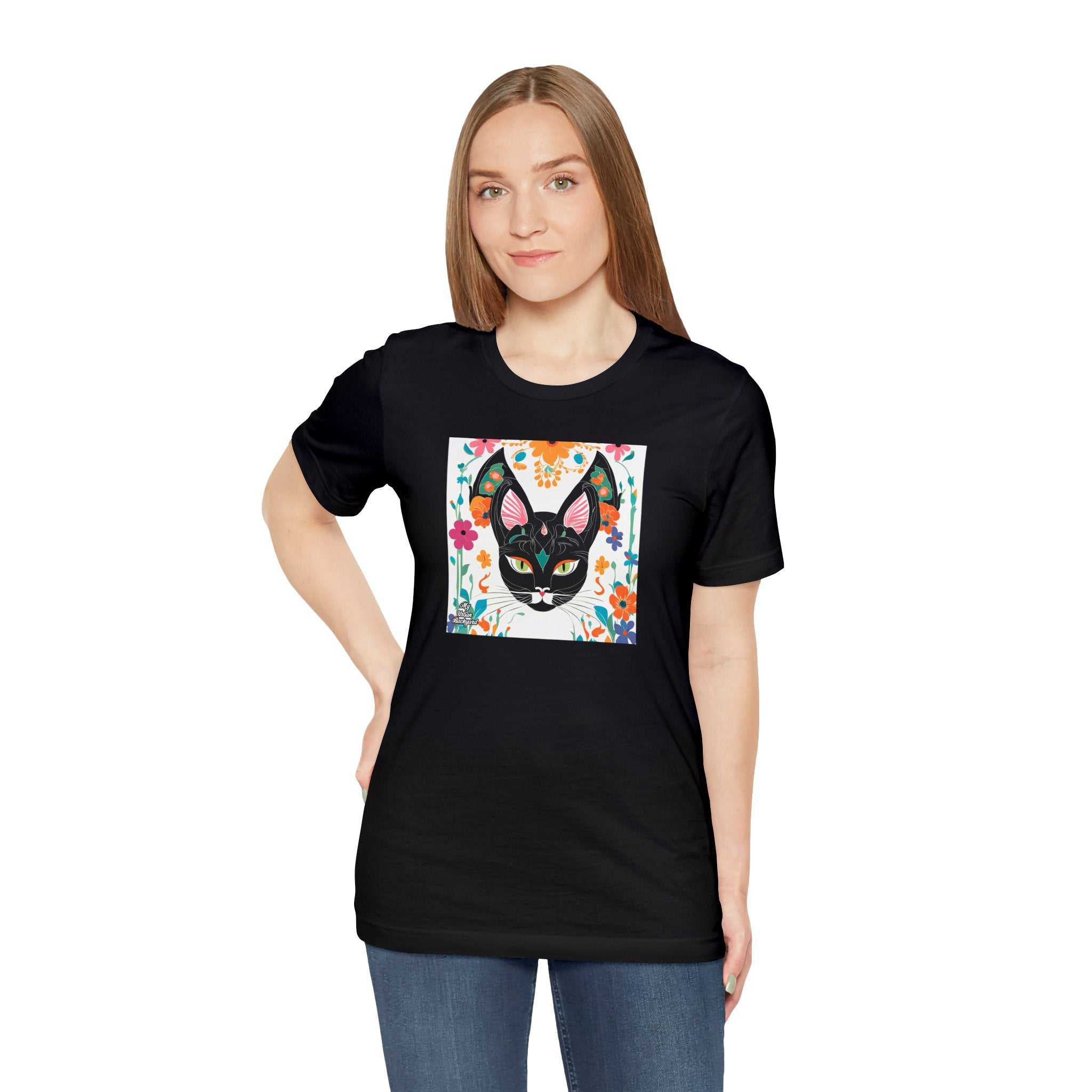 Black Cat w Green Eyes & Flowers, Soft 100% Jersey Cotton T-Shirt, Unisex, Short Sleeve, Retail Fit