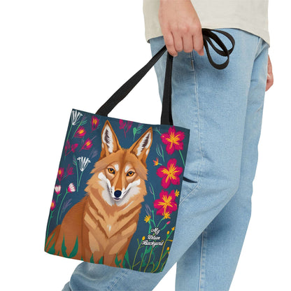 Everyday Tote Bag w Cotton Handles, Reusable Shoulder Bag, Coyote w Red Flowers