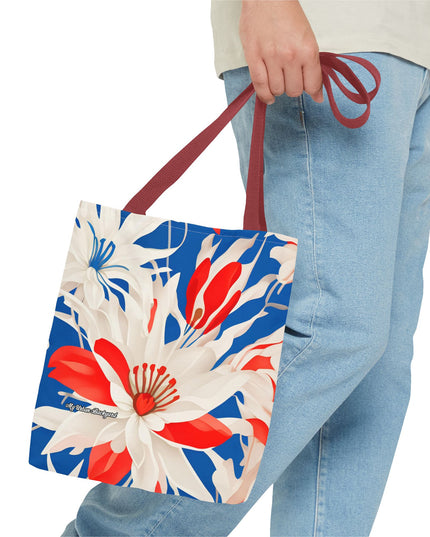 Red White & Blue Flowers Tote Bag with Cotton Handles For Everyday Use, 3 Sizes