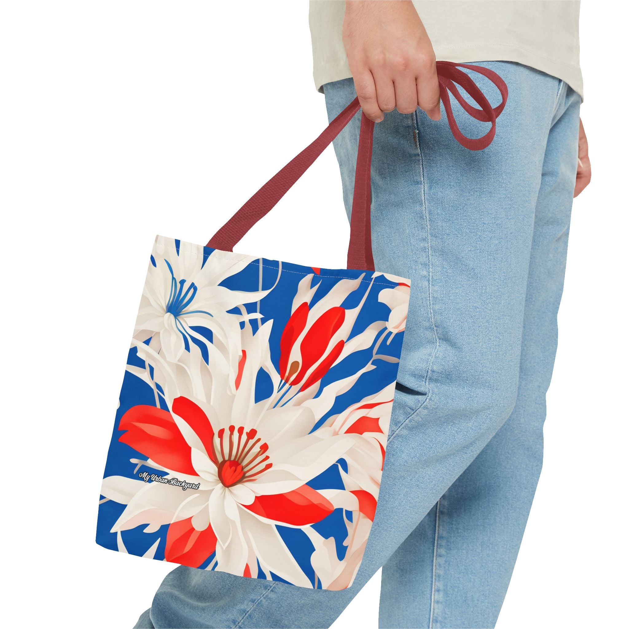 Red White & Blue Flowers Tote Bag with Cotton Handles For Everyday Use, 3 Sizes