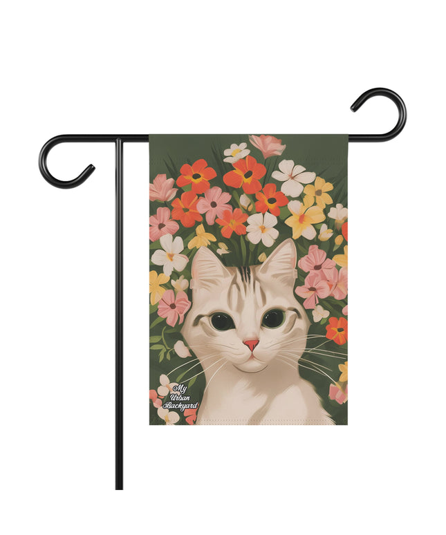 White Cat and Flowers, Garden Flag for Yard, Patio, Porch, or Work, 12"x18" - Flag only