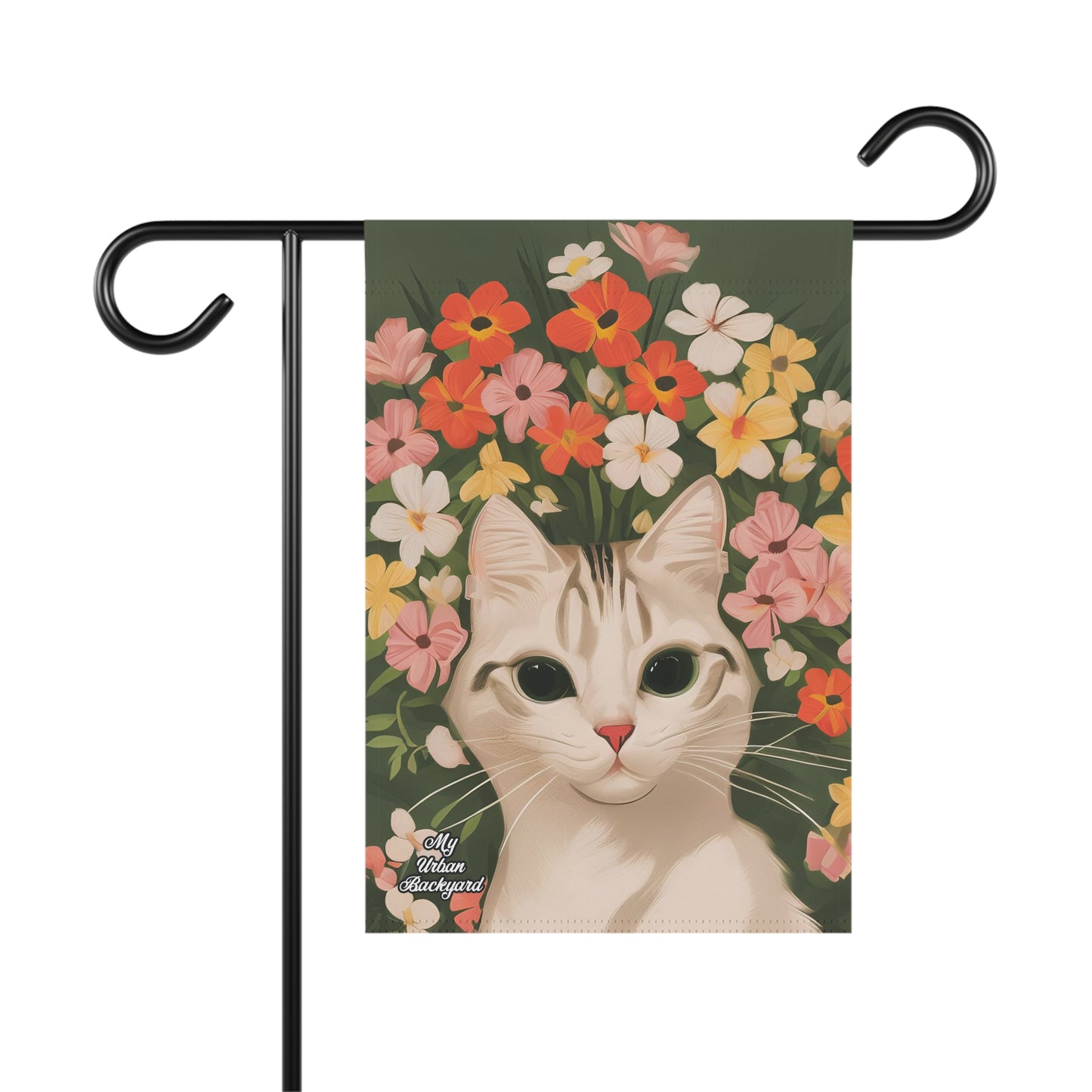 White Cat and Flowers, Garden Flag for Yard, Patio, Porch, or Work, 12"x18" - Flag only