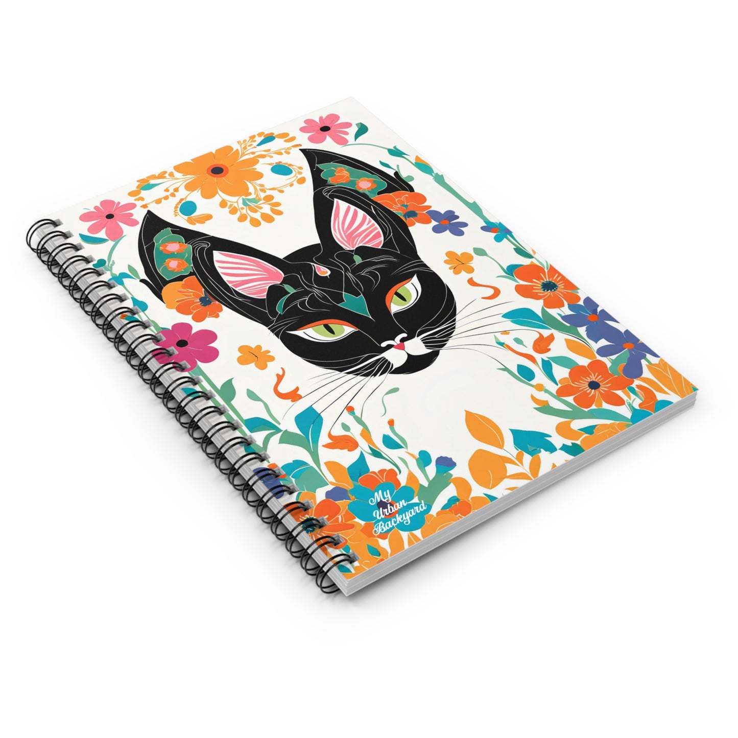 Black Cat with Green Eyes & Flowers, Spiral Notebook Journal - Write in Style