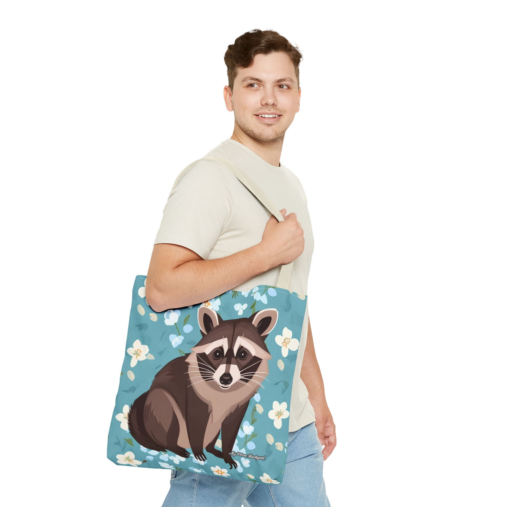 Young Raccoon w Flowers Tote Bag with Cotton Handles For Everyday Use, 3 Sizes
