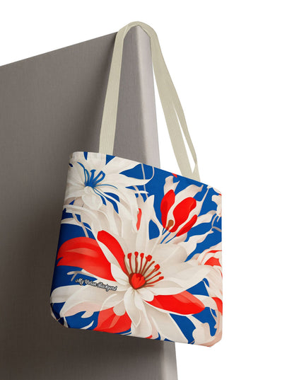 Red White & Blue Flowers Tote Bag with Cotton Handles For Everyday Use, 3 Sizes