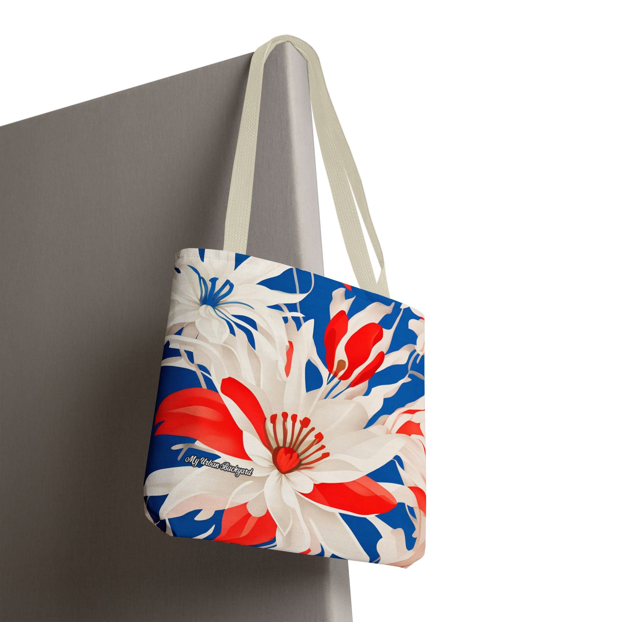 Red White & Blue Flowers Tote Bag with Cotton Handles For Everyday Use, 3 Sizes