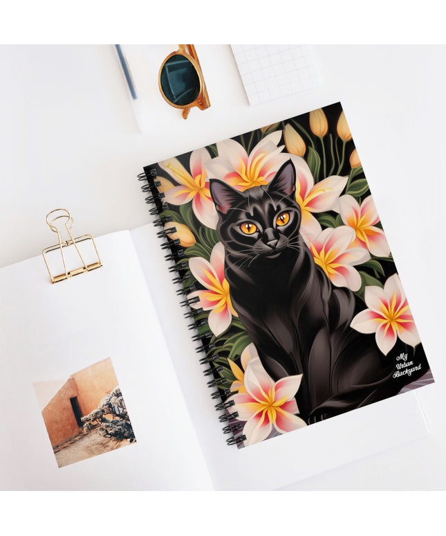 Silky Black Cat with Flowers, Spiral Notebook Journal - Write in Style