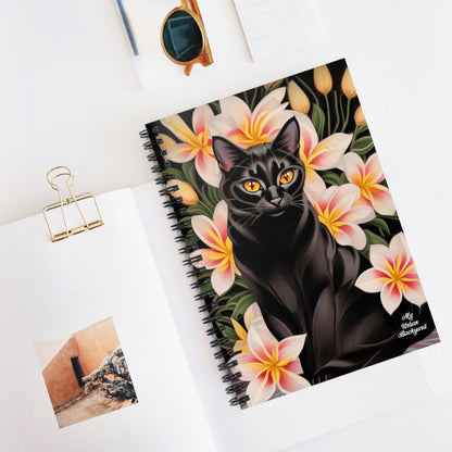 Silky Black Cat with Flowers, Spiral Notebook Journal - Write in Style