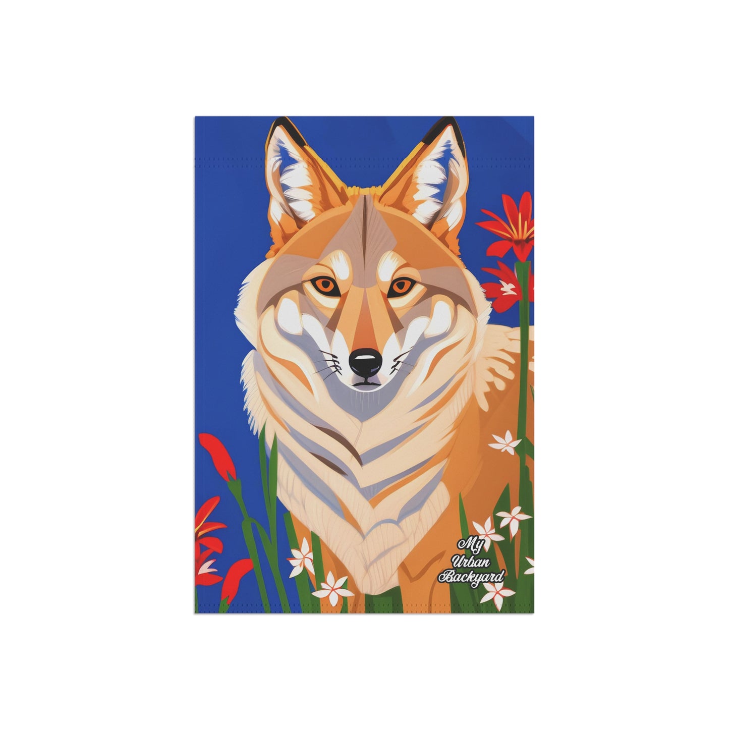 Coyote and Red Flowers, Garden Flag for Yard, Patio, Porch, or Work, 12"x18" - Flag only