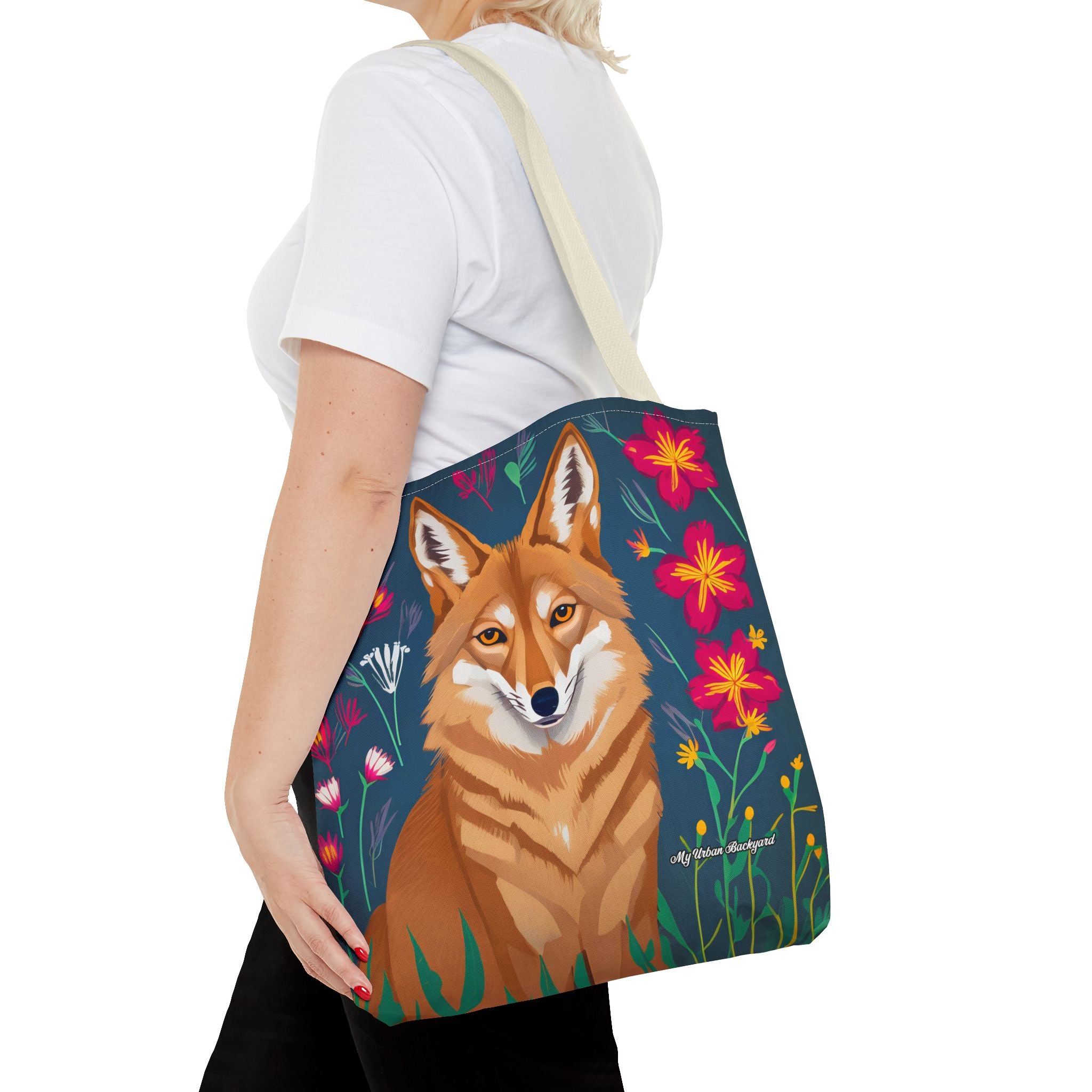 Coyote w Red Flowers Tote Bag with Cotton Handles For Everyday Use, 3 Sizes