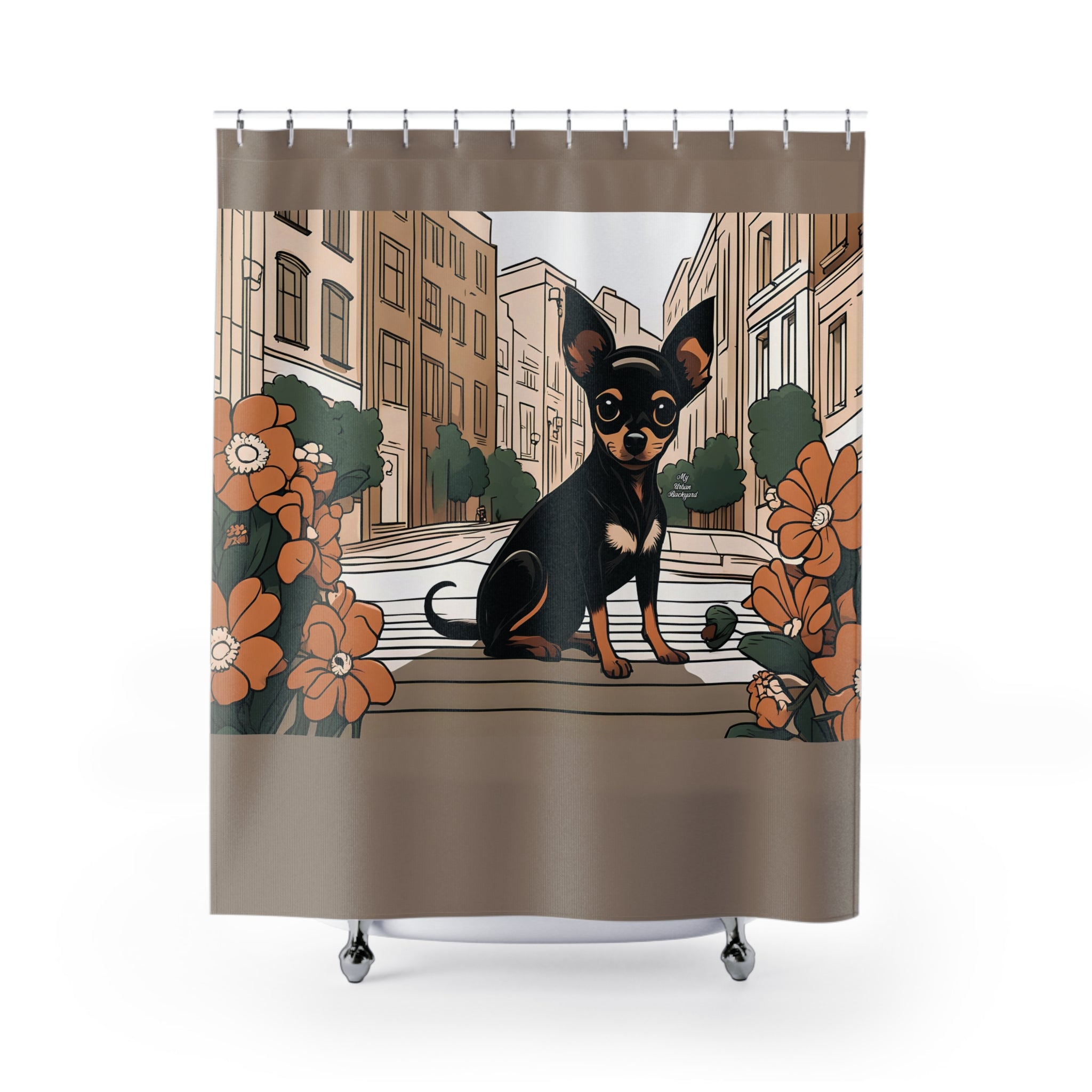 Taupe Shower Curtain with Ricky Barkley, Urban Dog Graphic - 71" x 74"
