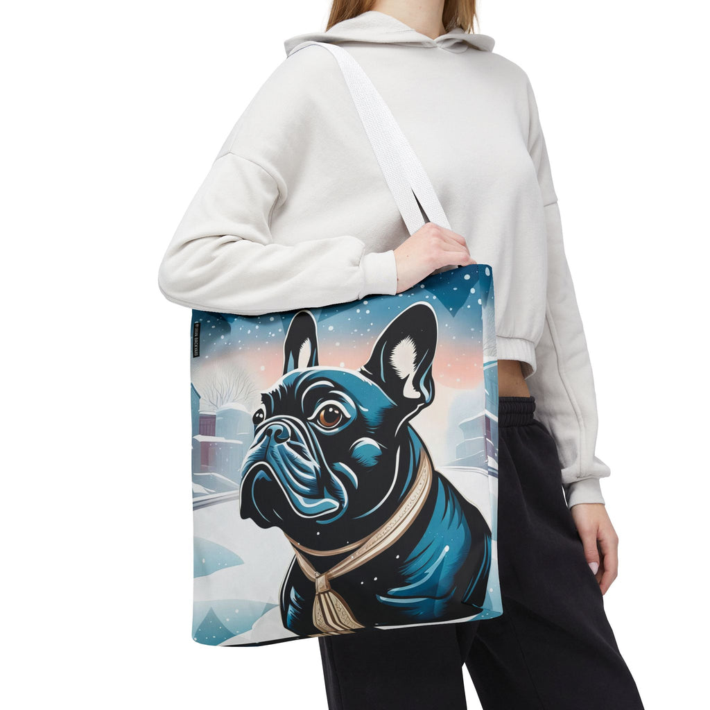 French Bulldog Winter Tote Bag — Snowy Pup All-Over Print Tote