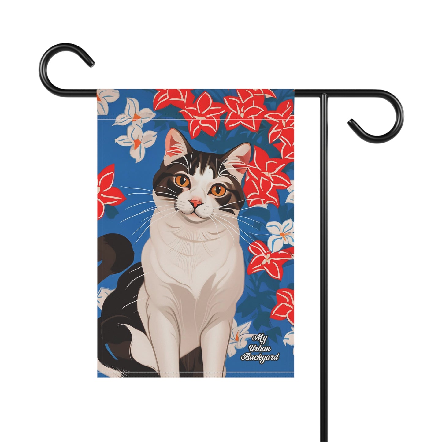 Cat with Red & White Flowers, Garden Flag for Yard, Patio, Porch, or Work, 12"x18" - Flag only