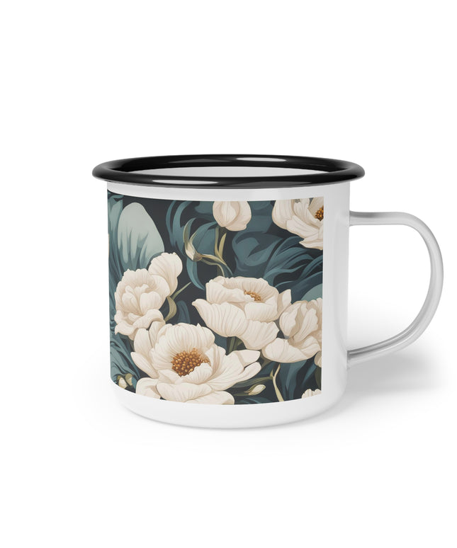 Winter Flowers, Enamel Camping Mug for Coffee, Tea, Cocoa, or Cereal - 12oz