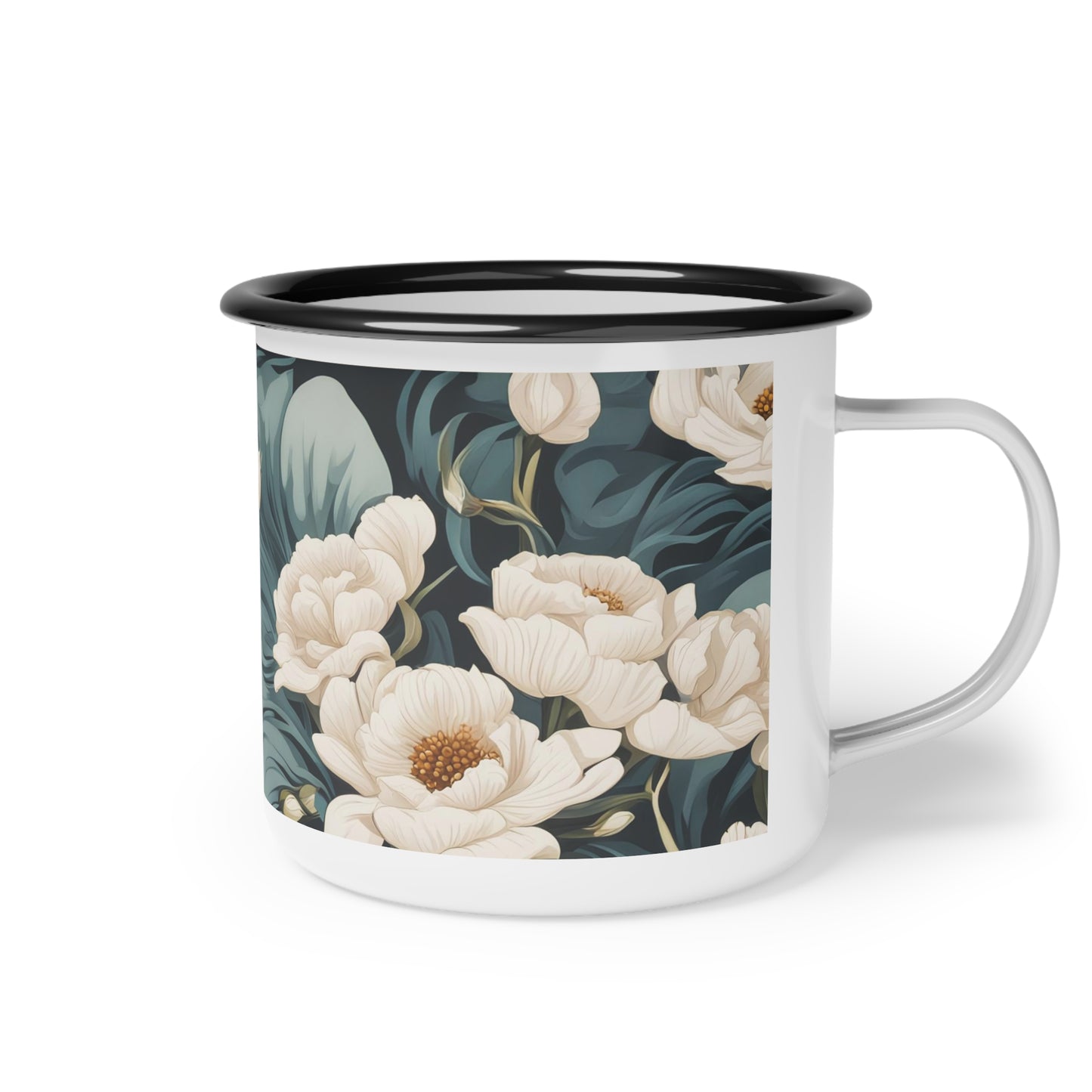 Winter Flowers, Enamel Camping Mug for Coffee, Tea, Cocoa, or Cereal - 12oz
