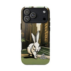 Phone case with a white rabbit design and cityscape background