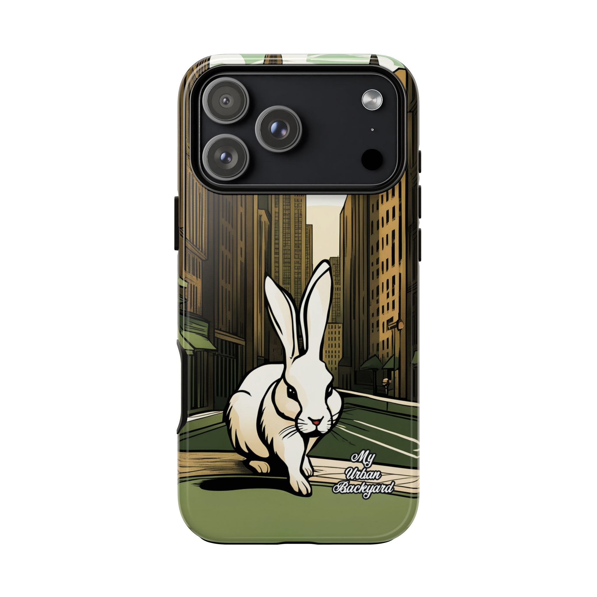 Phone case with a white rabbit design and cityscape background