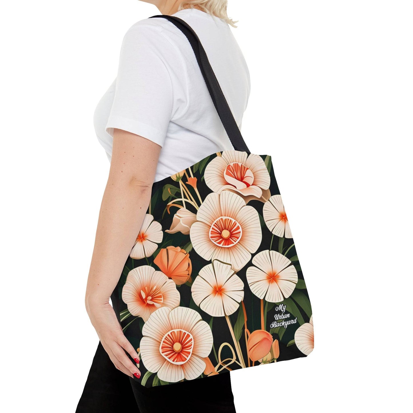 Everyday Tote Bag w Cotton Handles, Reusable Shoulder Bag, Art Deco Flowers