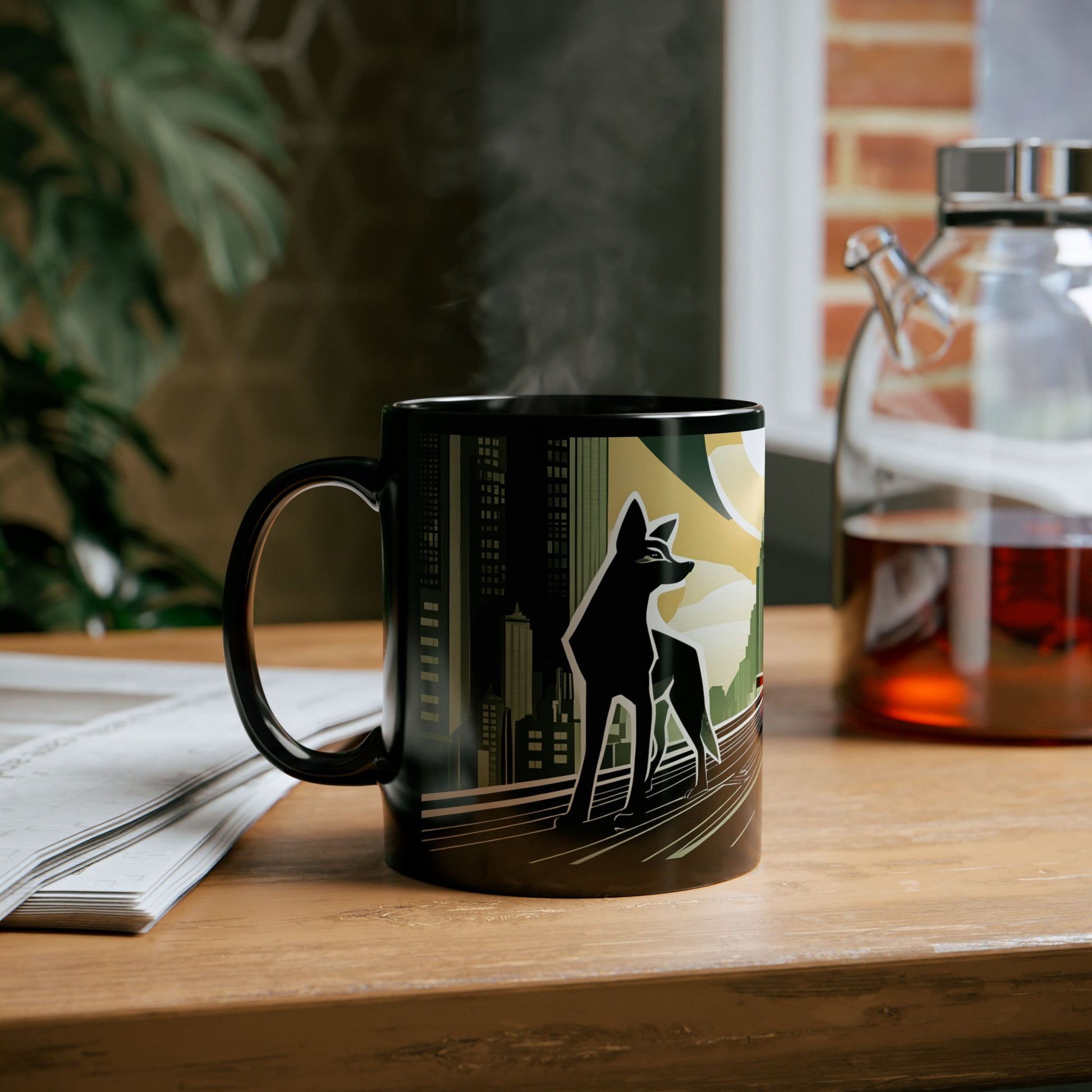 Art Deco Coyote Mug, Unique 11oz/15oz Black Coffee Cup, Retro Home Decor, Gift for Animal Lovers, Vintage Style, Perfect for Any Occasion
