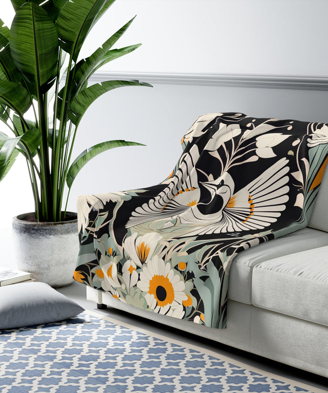 White Bird with Flowers, Sherpa Fleece Blanket for Cozy Warmth, 50"x60"