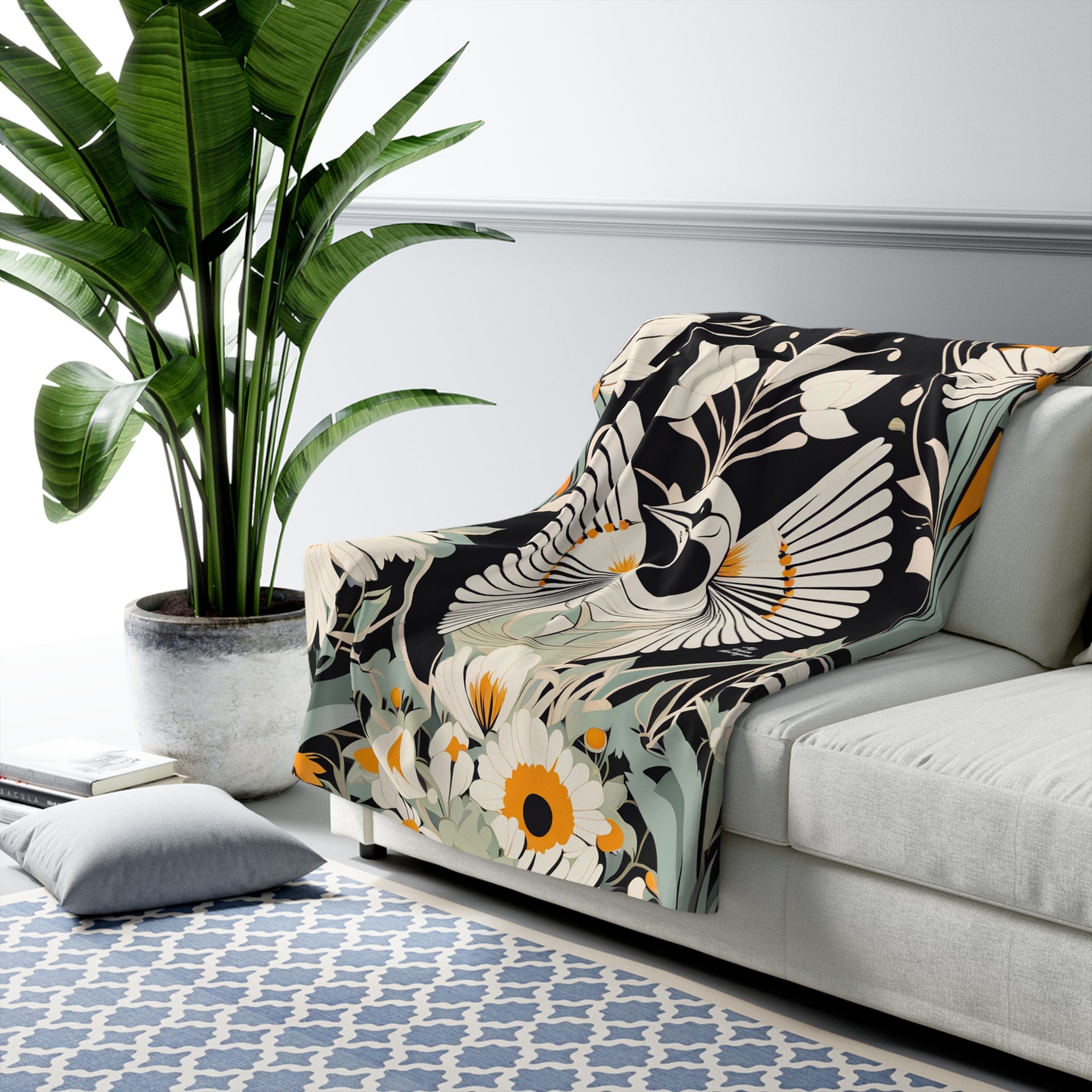 White Bird with Flowers, Sherpa Fleece Blanket