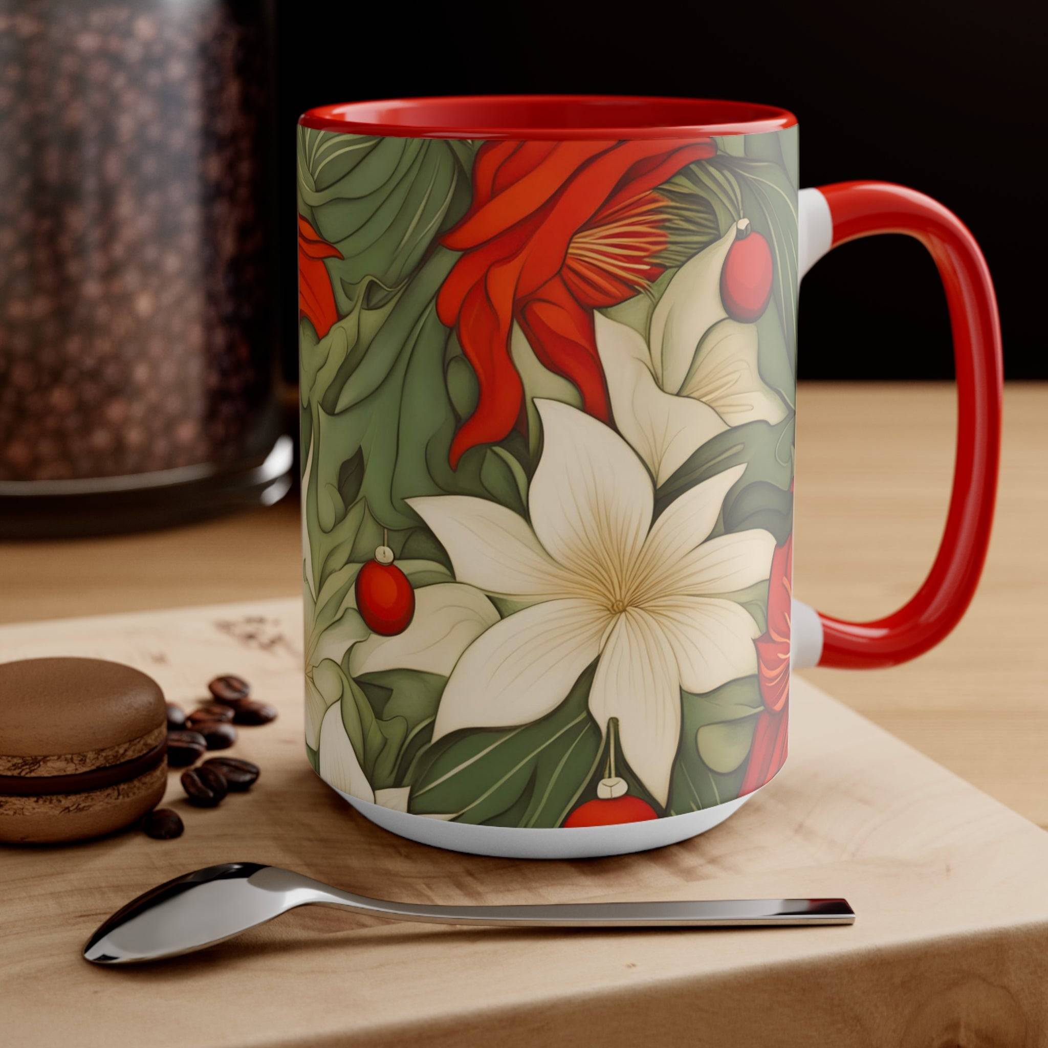 Ceramic Mug for Coffee, Tea, Hot Cocoa. Home/Office, Christmas Flowers