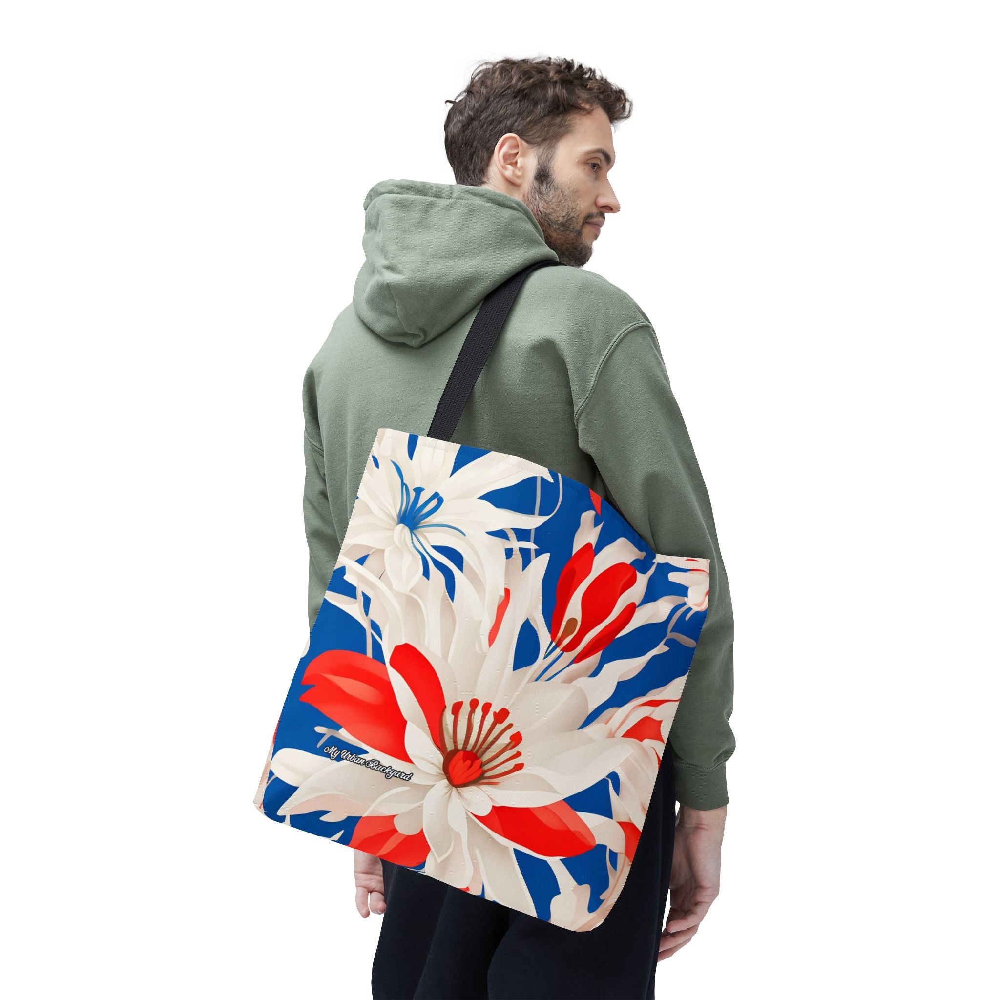 Red White & Blue Flowers Tote Bag with Cotton Handles For Everyday Use, 3 Sizes