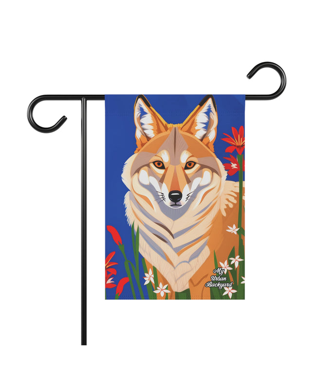 Coyote and Red Flowers, Garden Flag for Yard, Patio, Porch, or Work, 12"x18" - Flag only
