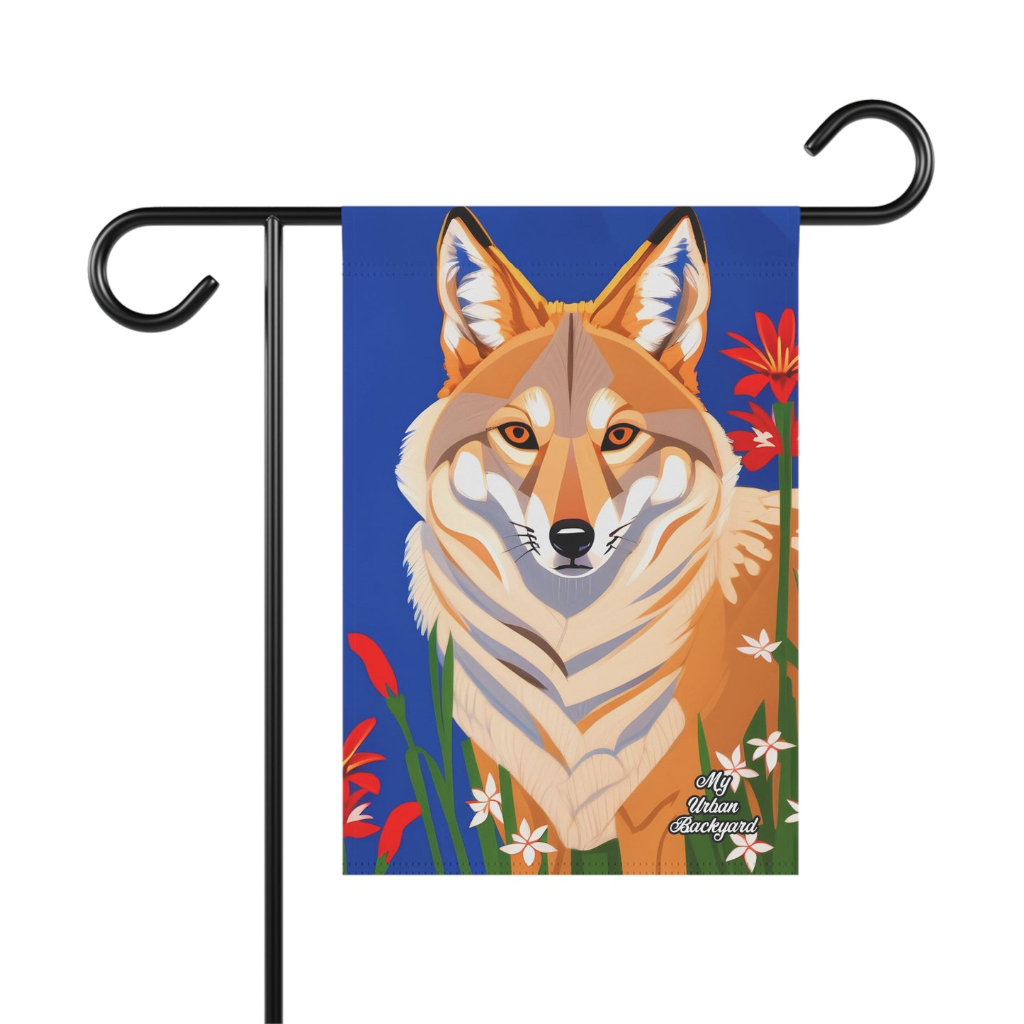 Coyote and Red Flowers, Garden Flag for Yard, Patio, Porch, or Work, 12"x18" - Flag only