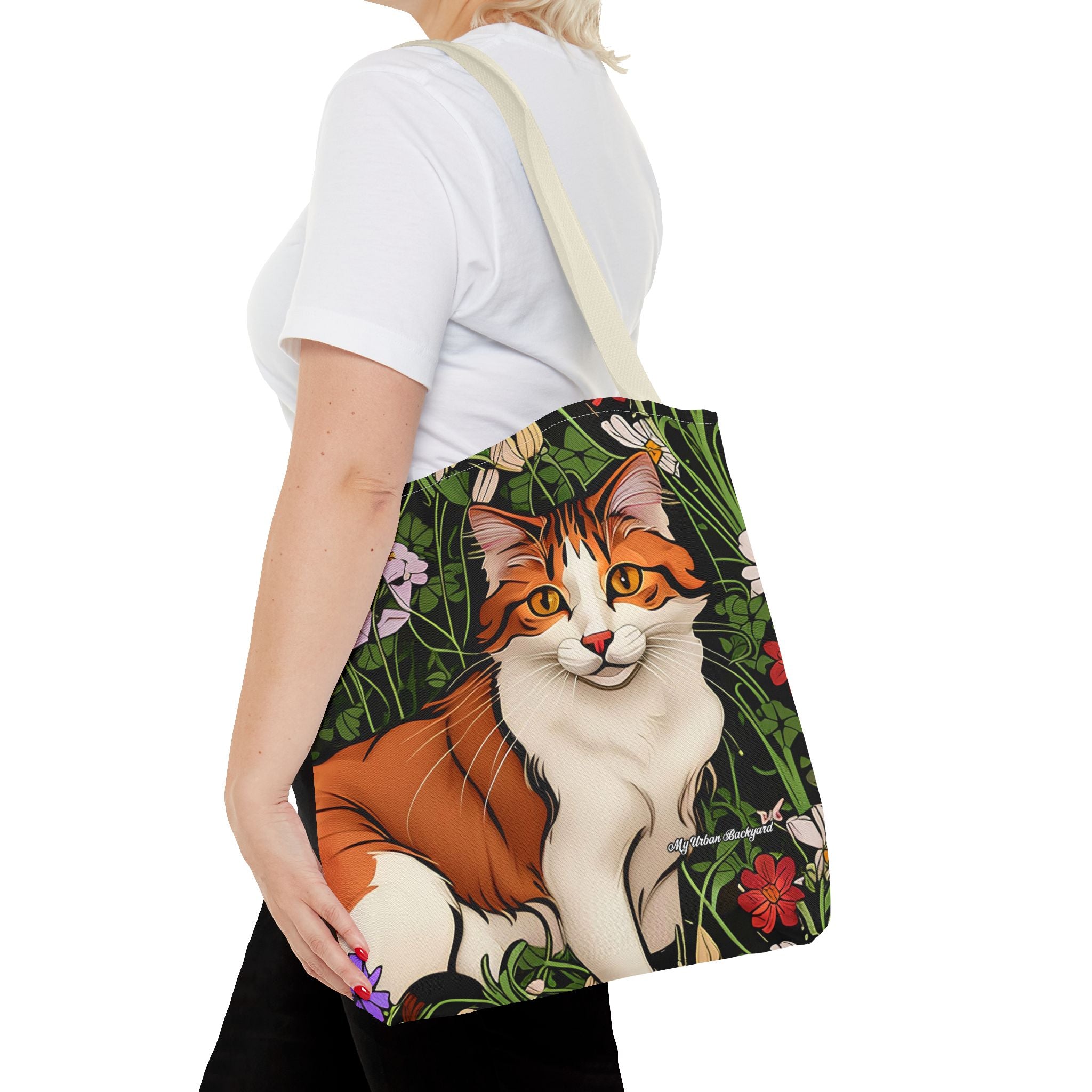 Orange Cat with Flowers Tote Bag with Cotton Handles For Everyday Use, 3 Sizes