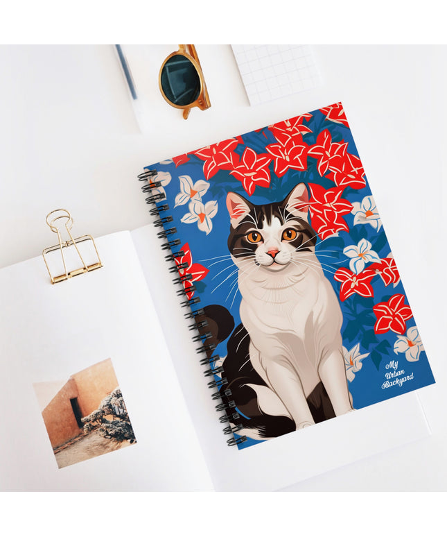 Cat with Red and White Flowers, Spiral Notebook Journal - Write in Style