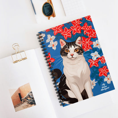 Cat with Red and White Flowers, Spiral Notebook Journal - Write in Style