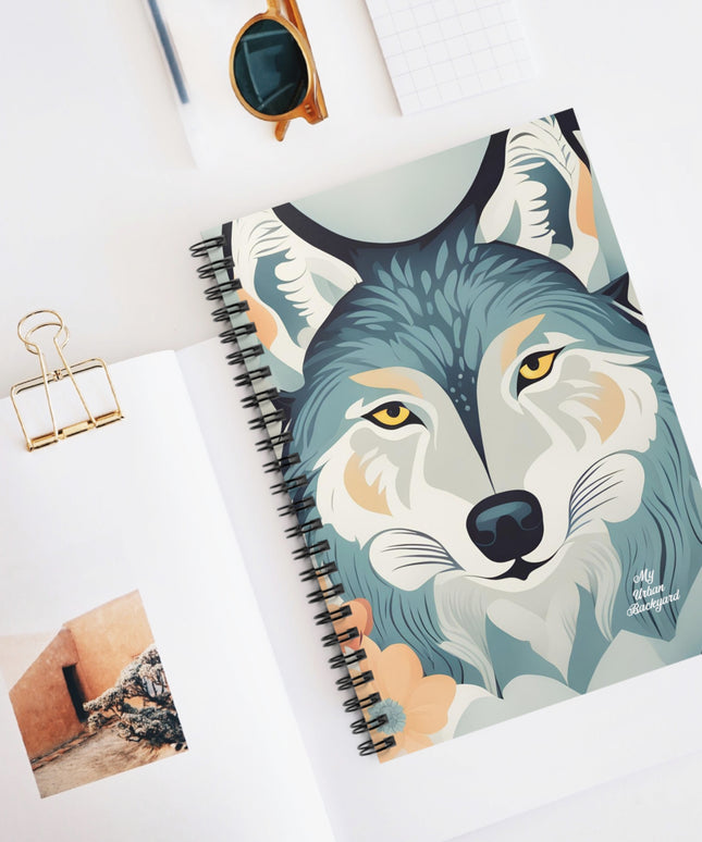 Blue Wolf, Spiral Notebook Writing Journal - 118 Ruled Pages