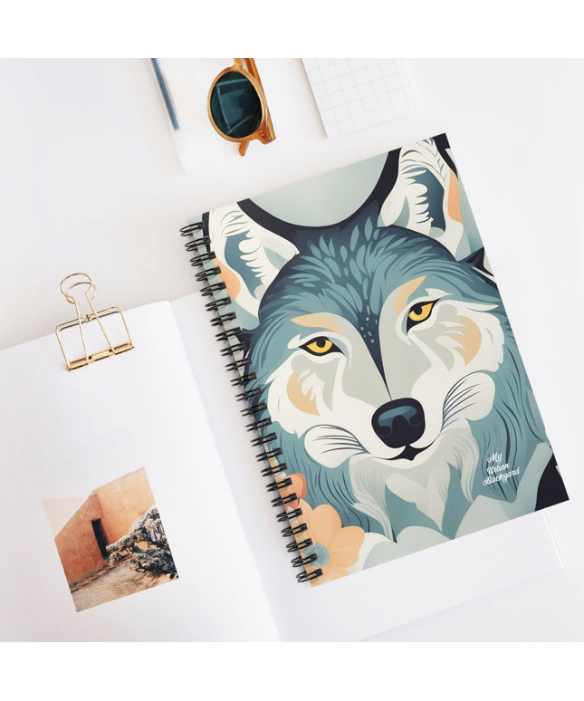 Blue Wolf, Spiral Notebook Writing Journal - 118 Ruled Pages