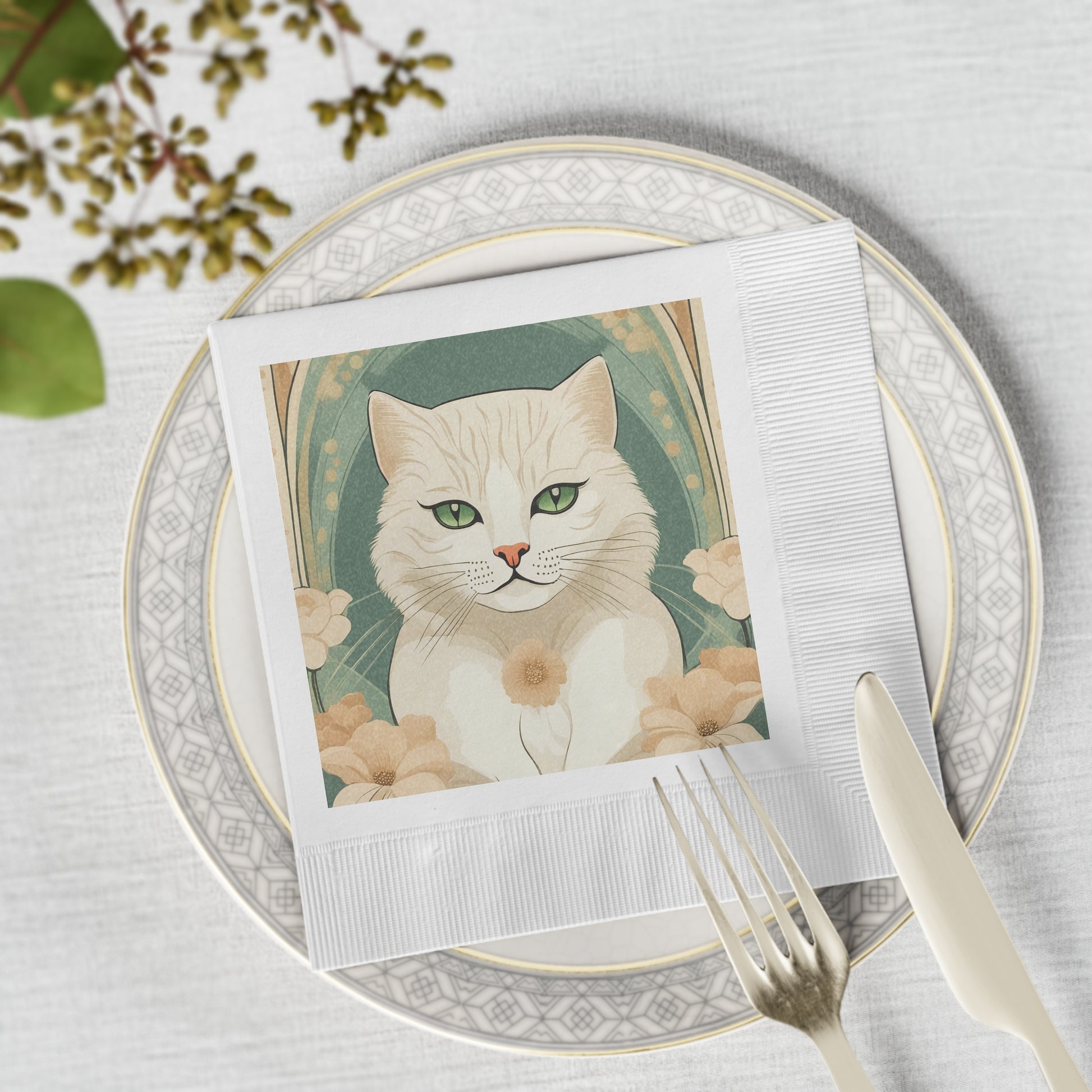 Blanca Purrington, Cat Party Paper Napkins — Vintage Green Floral Design, 2 sizes, Pack of 50 or 100