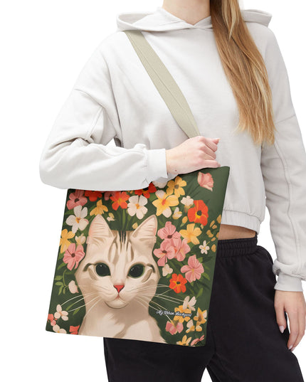 White Cat with Flowers Tote Bag with Cotton Handles For Everyday Use, 3 Sizes