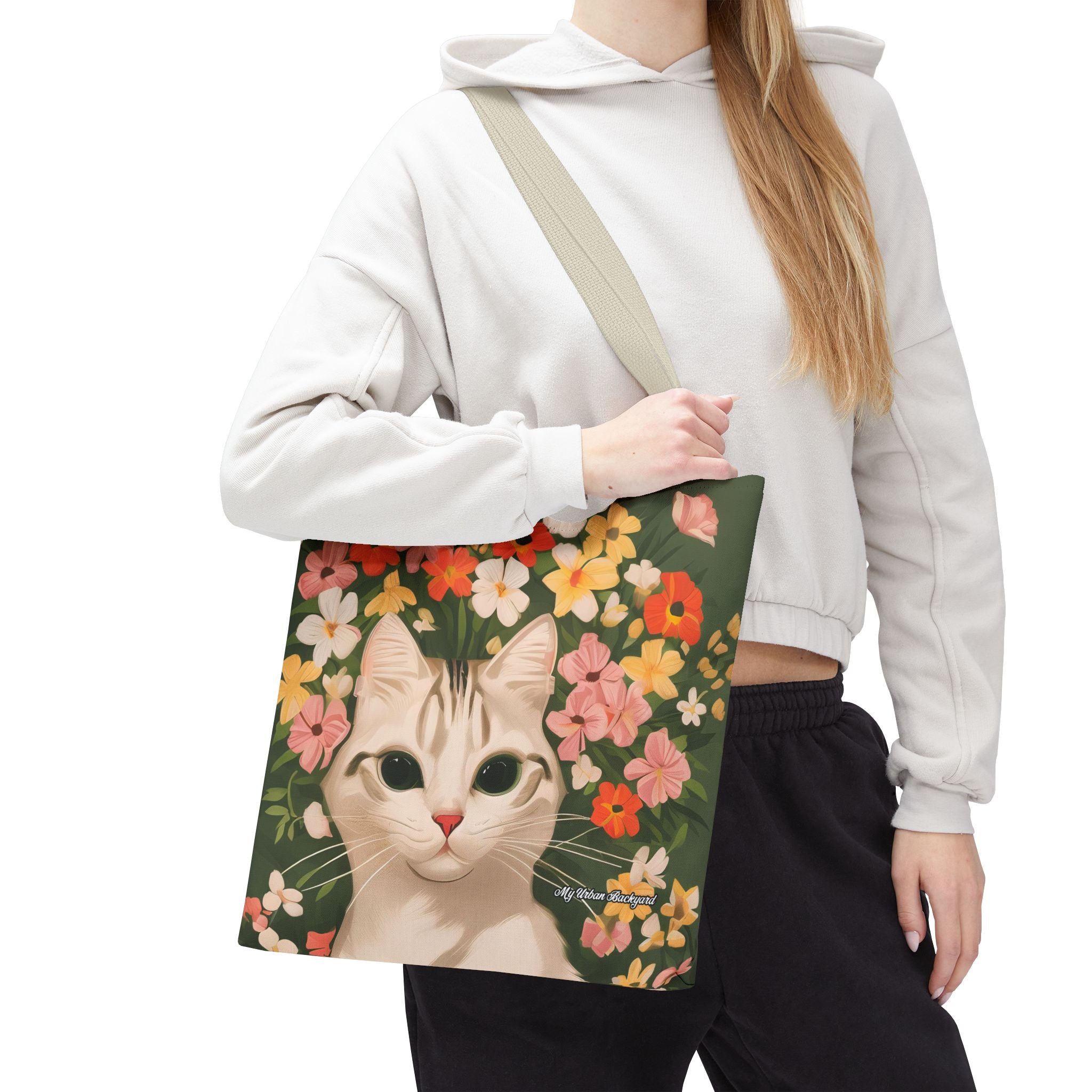 White Cat with Flowers Tote Bag with Cotton Handles For Everyday Use, 3 Sizes