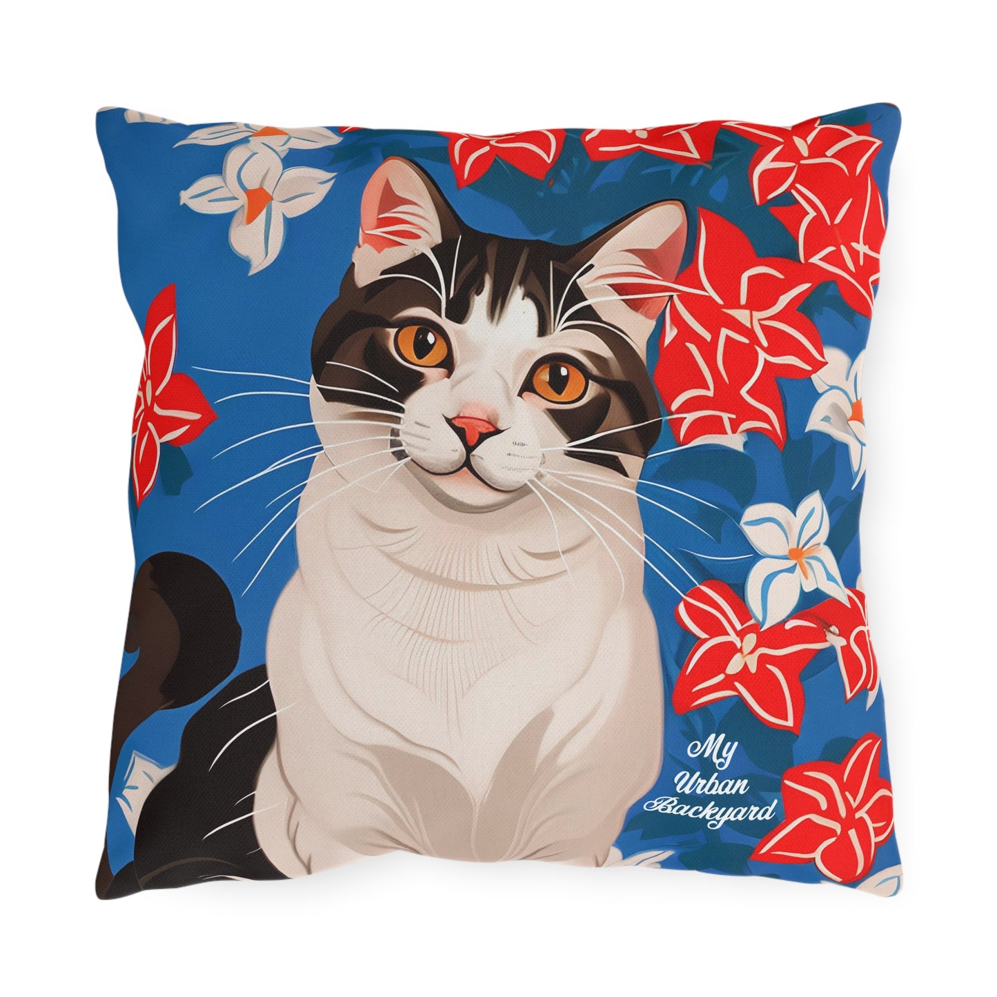 Cat with Red White & Blue Flowers, Versatile Throw Pillow - Home or Office Decor