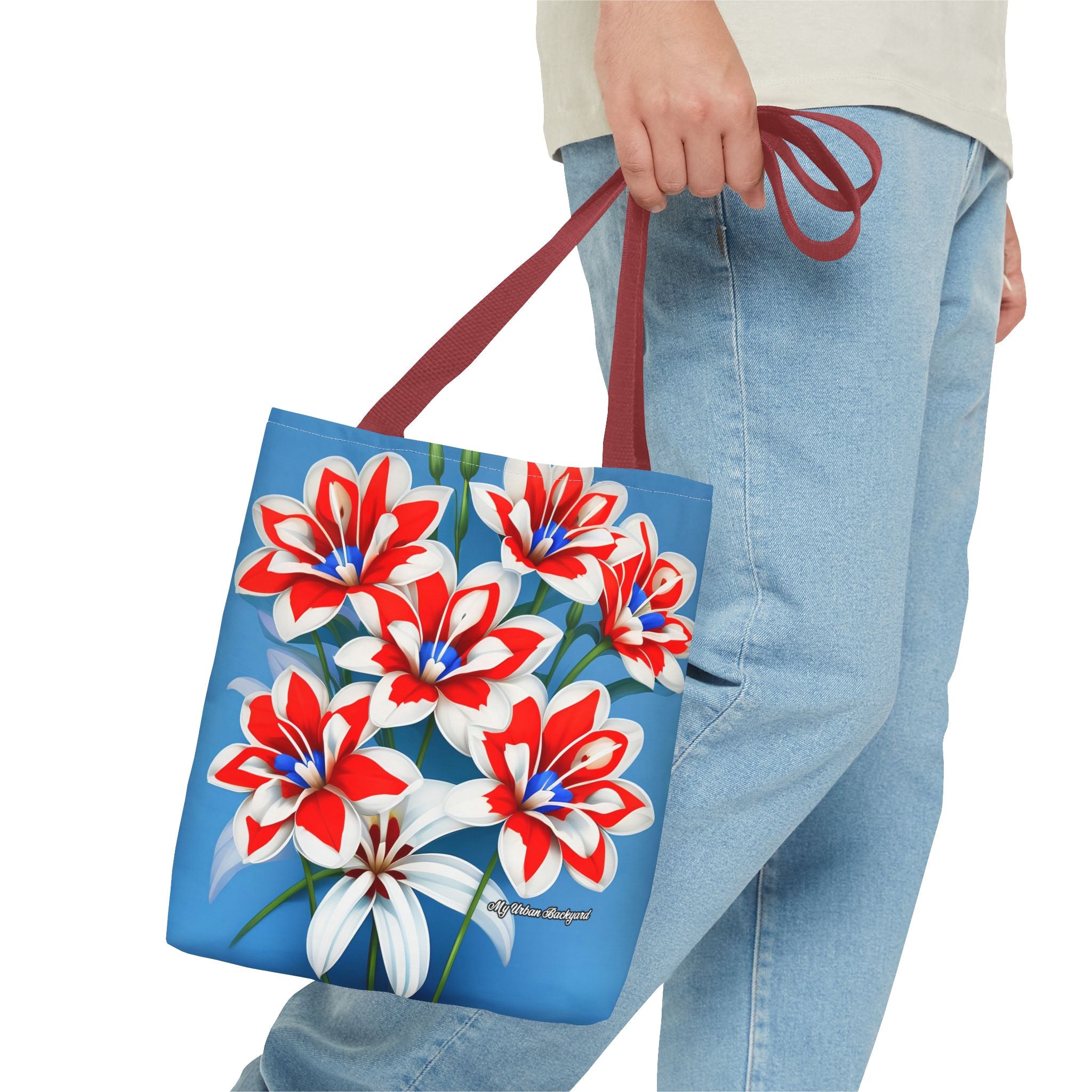 Bouquet of Red White and Blue Flowers Tote Bag with Cotton Handles For Everyday Use, 3 Sizes